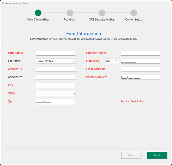 Firm information setup screen